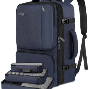 Vancropak Carry on Backpack, Airline Approved 45L Travel Backpack with 3 Packing Cubes for Men Women, Water Resistant Expandable Weekender Luggage Daypack Suitcase Duffel Bag, Gifts for Traveler, Blue